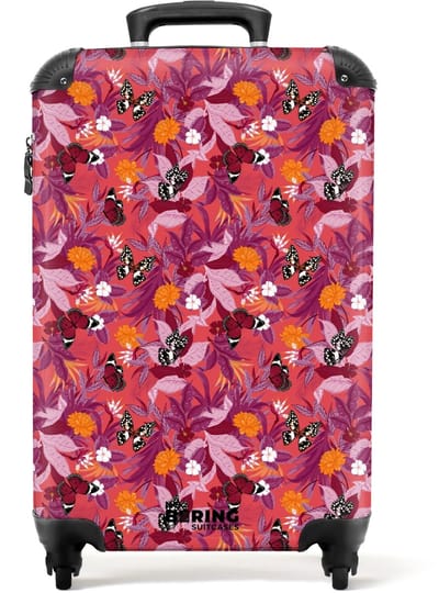 NoBoringSuitcases.com - Koffer - Tropisch vlinder patroon donker roze - Past binnen 55x40x20 cm en 55x35x25 cm - Trolley handbagage - Valiezen met wieltjes volwassenen - Reiskoffer op wielen - Rolkoffer lichtgewicht