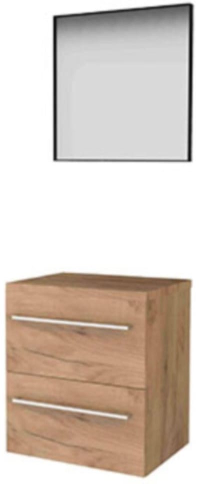 Basic-Line Framed 46 Badkamermeubelset - 60 x 46 cm - Met Grepen - 2 Lades - Wastafelblad - Spiegel met Zwart Aluminium Frame - Whisky Oak