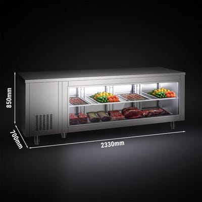 GGM Gastro Kühltisch - 2330x700mm - rückseitig 4 Türen - mit Glasfront Zilver