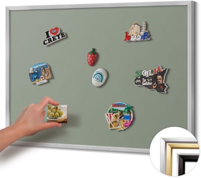Wallfluent - Olijf Magneetbord in Stijlvolle Kleuren - 80 cm x 60 cm - Magneetbord met Zilveren Frame - Licht olijfkleur - Memobord Magnetisch - Magnetisch Bord voor aan de Wand - Magnetisch Bord Rechthoekig