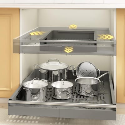 2 Stuks 4-Richtingen Uitschuifbare Lade, Telescopische Keukenlade met Handgreep, Verstelbare Breedte 33-53cm & Diepte 41-61cm, Metalen Kastlade Organizer, Schroef/Plakband Bevestiging, Grijs