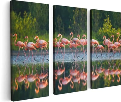 Artaza Canvas Schilderij Drieluik Kudde Flamingo's op het Water - 120x80 - Foto Op Canvas - Canvas Print
