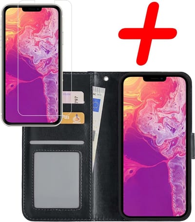 Hoesje Met Screenprotector - Geschikt voor Apple iPhone 13 Mini - Luxe Pasjeshouder - Bookcase Portemonee - Flip Case - Kunstleer Book Case - Flipcase - Book Cover - Walletcase - Portemonneehoes - Zwart