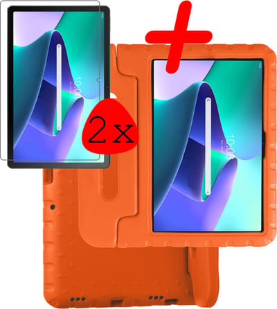 Hoesje Geschikt voor Lenovo Tab M10 Plus (3e / 3rd Generatie) - Met 2x Screenprotector - Kinderhoes Shockproof Bumper - Kidsproof Case - Tablet Hoes - Kinder Hoes Cover - Oranje