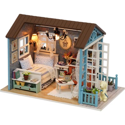 DIY miniatuur poppenhuiskit Realistisch mini 3D houten huiskamerambacht met meubel-LED-verlichting beige