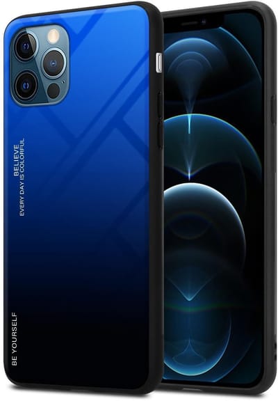 Cadorabo Hoesje geschikt voor Apple iPhone 12 / 12 PRO in BLAUW - ZWART - Tweekleurige beschermhoes van TPU-silicone Case Cover en achterzijde van gehard glas