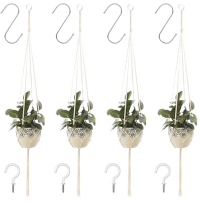 Plantenhangers Set - Bloempot Netten - Planten Ophangen - Met Haken - 4 Stuks - Natuurlijk Katoen