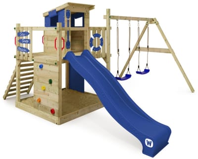Wickey Smart Camp Speeltoestel - Dubbele schommel met Glijbaan en Speelhuisje - Klimwand & Zandbak - 390x420x237 cm - Blauw