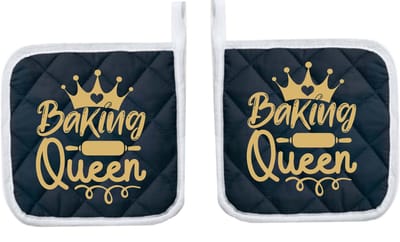 Eizook Pannenlappen 2 Stuks Navy Bedrukt - BAKING QUEEN In GOUD- Zacht Katoen met Polyester Pannenonderzetter Hittebestendige Pannenlap tot 250°C