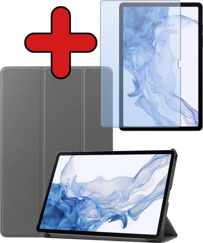 Hoesje - Geschikt voor Samsung Galaxy Tab S10 Plus - Met Screenprotector - Trifold Bookcase Hoes - Hard Cover Case - Met Uitsparing Geschikt voor S Pen - Hardcover Book - Tablethoes - Grijs