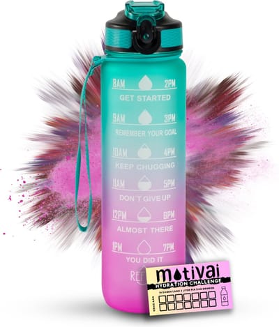 Motivai Motivatie Waterfles - Turquoise/Roze - Inclusief Extra Afsluitklepje - 1 Liter - Motiverende Drinkfles met Rietje - BPA Vrij - Met Motivai Hydration Challenge