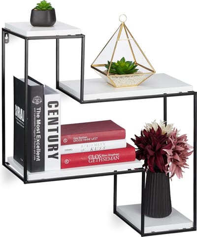 relaxdays wandrek metaal - wandbox 4 planken - wandboard - wandkastje - gang - wit-zwart