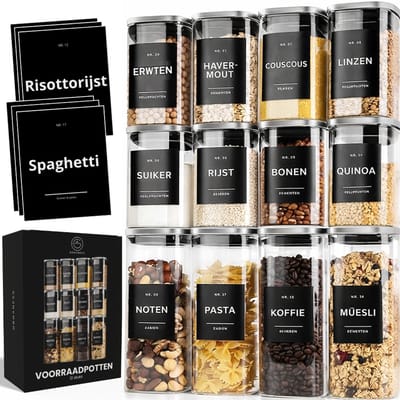 Organess Voorraadpotten RVS deksel - 12 Delige set - Glas met deksel - Snoeppot - Glazen voorraadpotten - 4x 800ml & 8x 600ml