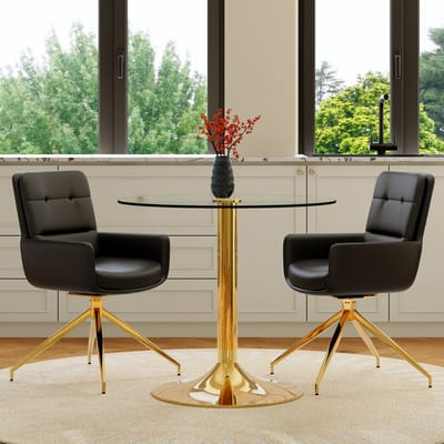 OKWISH Eethoek 85 Cm - Ronde Glazen Tafel Met 2 Draaibare Stoelen - Voor Eetkamer Of Keuken - Metaal En PU - Zwart Goud
