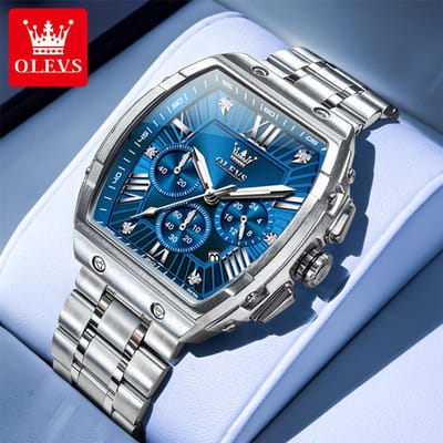 HO-5639.z-bl : Olevs geborsteld edelstaal chronografisch heren quartz horloge ''barrel'', blauwe wijzerplaat, diamantzirkonia's, kalenderdag
