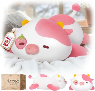 Schattig Pluche Koe Kussen 33 cm | Kawaii Aardbeien Koe Kussen | Zacht Pluche Speelgoed voor Kinderen | Anti-Stress Cadeau Idee