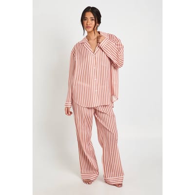 boohoo Dames Katoenen Gestreepte Oversized Pyjama Set Met Shirt Met Lange Mouwen En Broek | Pink | Maat: 16