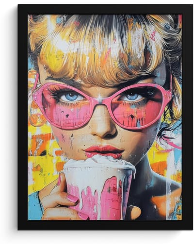 Poster in lijst - Fotolijst 30x40 cm - Posters - Expressief - Milkshake - Vrouw - Felle kleuren - Posterlijst zwart - Decoratie - Wanddecoratie woonkamer - Muurdecoratie slaapkamer