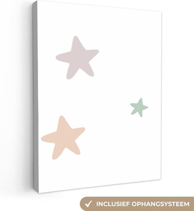 Canvas kinderen - Slaapkamer decoratie - Sterren - Pastel - Wit - Patroon - Muurdecoratie kinderkamer - Schilderij voor kinderen - 30x40 cm - Canvasdoek Kids