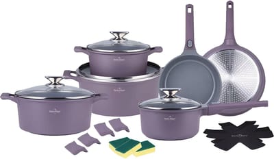 Swiss Haus® LG3019T Pannenset Inductie - 19 Delige Pannensets - PFAS Vrij - Set Met Koekenpannen, Kookpotten & Steelpan - Pannen met Afneembare Handgrepen - Pan met Sapphire™ Antiaanbaklaag - Paars