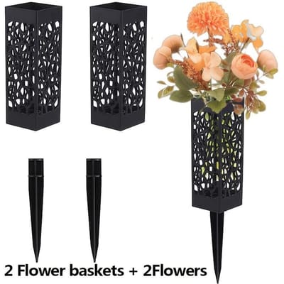 2 bouquets de fleurs de cimetière simulées et 2 paniers de fleurs de cimetière Hortensia rose orange mélangés avec des bouquets de fleurs simulées 2 flower baskets + 2 flowers