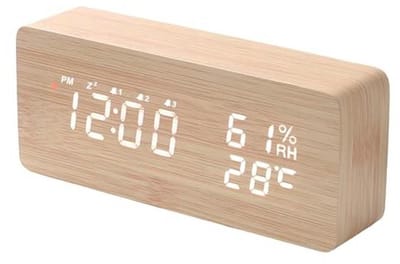 Digitale Wekker met 3 Alarmen, Sluimerfunctie, Datum en Temperatuur - Houten en Draadloos
