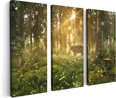 Artaza Canvas Schilderij Drieluik Hert In Bos Met Zon - 120x80 cm - Wanddecoratie Woonkamer - Schilderijen - Muurdecoratie