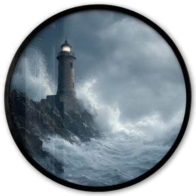 Poster in lijst Rond - Fotolijst 40x40 cm - Posters - Rotsen - Vuurtoren - Golven - Klliffen - Ronde posterlijst zwart - Decoratie - Wanddecoratie woonkamer - Muurdecoratie slaapkamer