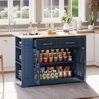 BLACKCOLORS Draagbare keukeneiland van 120 cm met opklapbare eettafel, open plank, stopcontact, USB-aansluiting, glazen deur, verstelbaar laminaat, wieltjes met remmen voor keuken, eetkamer, woonkamer en meer.