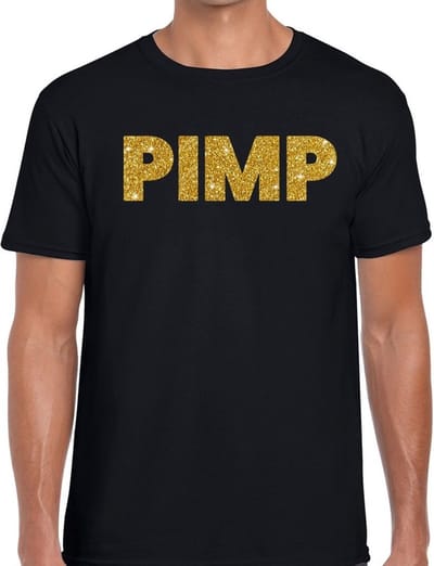 Pimp glitter tekst t-shirt - zwart - voor heren - Pooier thema - verkleedkleding - gouden print S