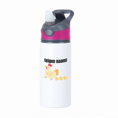 Hacebo® - kip met kuikens met eigen naam waterfles met rietje roze - Kippen - kippen liefhebbers - iemand die houdt van kippen - verjaardag - cadeau - kado - water fles - 650ML