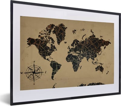 Poster in lijst - Fotolijst 60x40 cm - Posters - Wereldkaart - Vintage - Kompasroos - Posterlijst zwart - Decoratie - Wanddecoratie woonkamer - Muurdecoratie slaapkamer