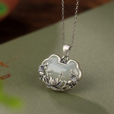 Retro   Natuurlijke An Jade Visvormige Lotusbloem Ketting Chinese Stijl Ruyi Hanger Sleutelbeen Ketting Sieraden 45cm gray