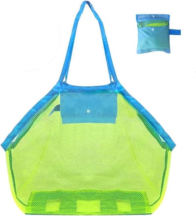 Groene strandspeeltas 45x45x30cm Oxford netstof opvouwbaar voor strand en zwembad
