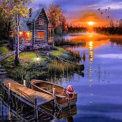 Peinture diamant 5D en cristal, magnifique lac et maison, broderie, décoration d'intérieur, mosaïque, cadeau à faire soi-même 30x30CM orange