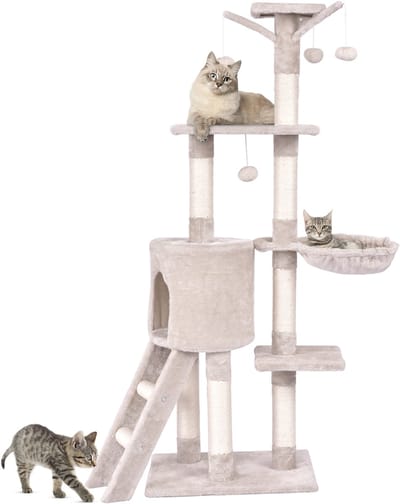 COSTWAY Krabpaal, 140 cm, kattenboom met platforms, kattenmand, speelbal, ladder, sisalpalen & mand, kattenkrabpaal, kattenmeubel, klimboom, activiteitsboom, beige