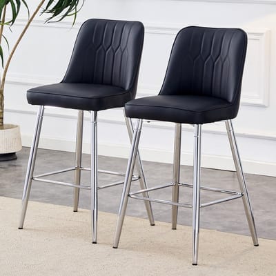 Barkruk set van 2-Barkrukken-Keukenstoel-Moderne stijl-Hoogte 100 cm-Pu leer-Metaal-zwart, zilver-Met rugleuning-gestoffeerde zitting