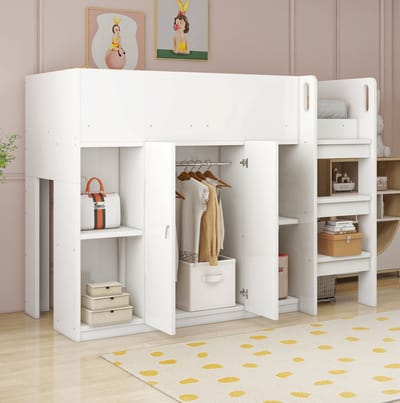 MEUNIQ Hoogslaper 90x200 met opbergruimte, kast en open rekken, met ladder, voor de kinderkamer, wit