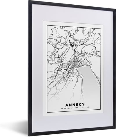Fotolijst incl. Poster Zwart Wit- Stadskaart - Annecy - Plattegrond - Kaart - Frankrijk - Zwart wit - 30x40 cm - Posterlijst