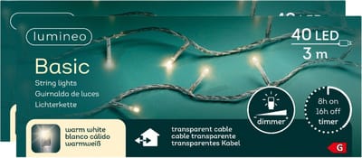 Lumineo Kerstverlichting - 2x - 40 leds -warm wit -300 cm - transparent cable - timer en dimmer