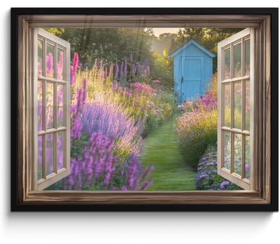 Poster in lijst - Fotolijst 70x50 cm - Posters - Doorkijk - Bloemen - Raam - Natuur - Posterlijst zwart - Decoratie - Wanddecoratie woonkamer - Muurdecoratie slaapkamer