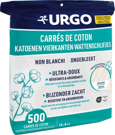 URGO Katoenen Wattenschijfjes - 100% Ongebleekt Katoen - Hypoallergeen - 500 Stuks - 10x8 cm
