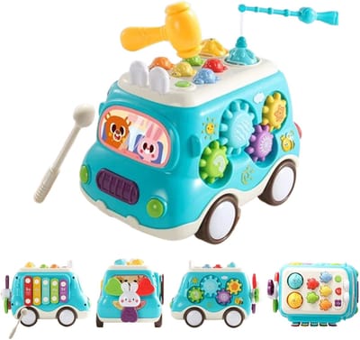 Babycadeau Bus Speelgoed - Montessori Muzikaal Speelgoed Voor 1-3 Jaar Met Geluid En Licht - Educatief Muzikaal Leerspeelgoed - Instrument Bus Auto Speelgoed Verjaardagscadeau (Blauw)