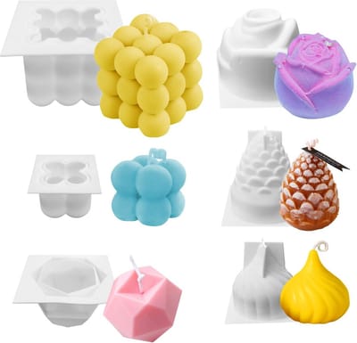 Siliconen Kaarsvormen - 6 Stuks - 3D Bubbels, Diamant, Uien en Rozen - Handgemaakt en DIY