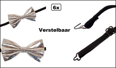 6x Vlinderstrik holografisch zilver - Verstelbaar - vlinder strik kostuum festival kerst gala thema feest
