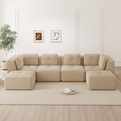 Frameloze modulaire woonkamerbank - modulaire hoekbank - U-vormige bank met voetenbank - diepe zitting - antislip ontwerp - beige