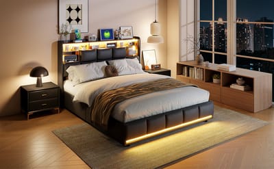 Gasveerbed 140x190 cm met LED-verlichting in hoofdbord en voetbord, USB-poort en opbergruimte onder het bed – Zwart PU
