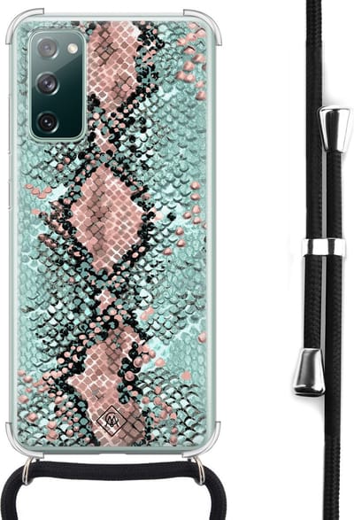 Casimoda® hoesje met koord - Geschikt voor Samsung S20 FE - Slangenprint pastel mint - Afneembaar koord - Siliconen/TPU - Mint