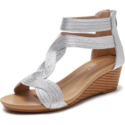 Grote Maat 41 42 Dames Sandalen Midden Wedge Hak Bling Diamant Mesh Open Teen T-Band Achter Rits Vrouwelijk Casual Zomer Schoenen Dame 39 gray
