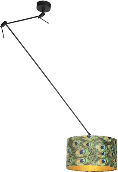 QAZQA blitz - Klassieke Hanglamp met kap - 1 lichts - L 380 mm - Zwart Goud - Woonkamer | Slaapkamer | Keuken